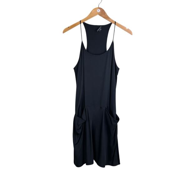 Theory Black Satin Silk Blend Draped Pockets Racerback Mini Slip Party Dress - Picture 8 of 12